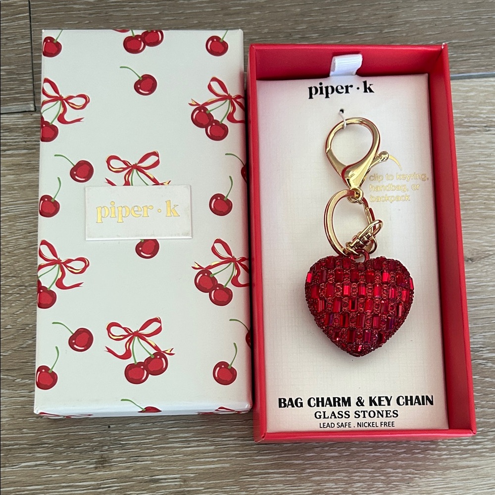 ❤️ ✨ Piper.k Cherry Heart Bag Charm Keychain – Red Glass Stones, Gold Clip, NWT